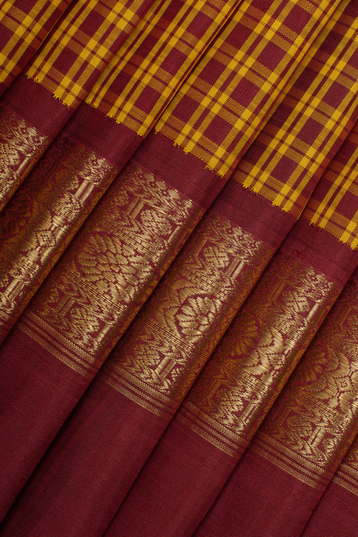 Maroon and yellow Podikattam pure kanchipuram silk saree