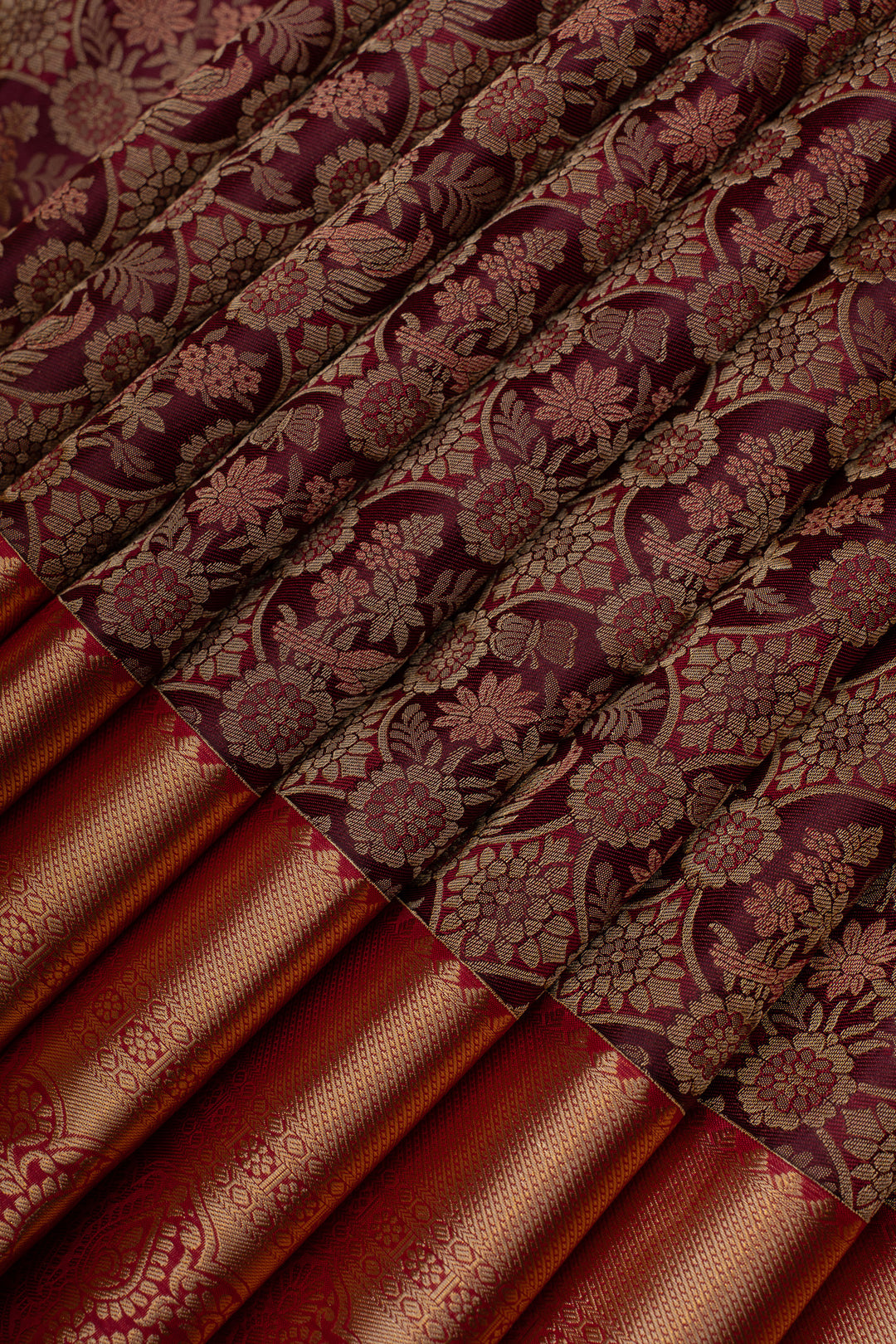 Burgundy floral brocade pure Kanchipuram silk saree