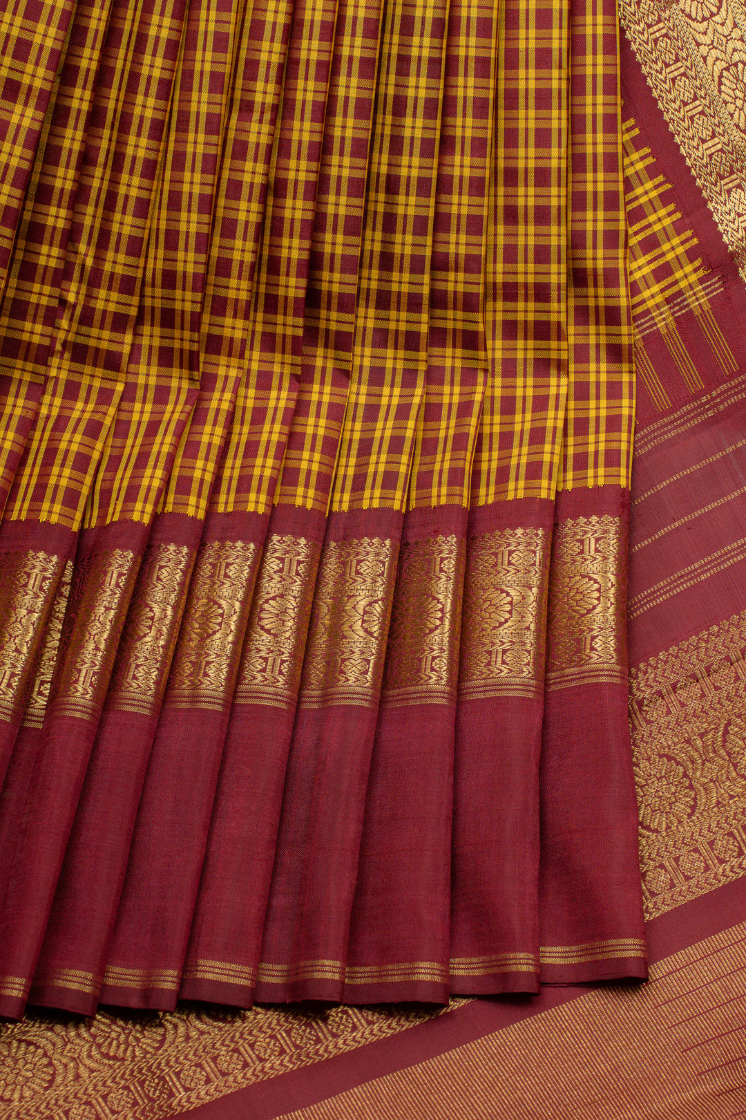 Maroon and yellow Podikattam pure kanchipuram silk saree