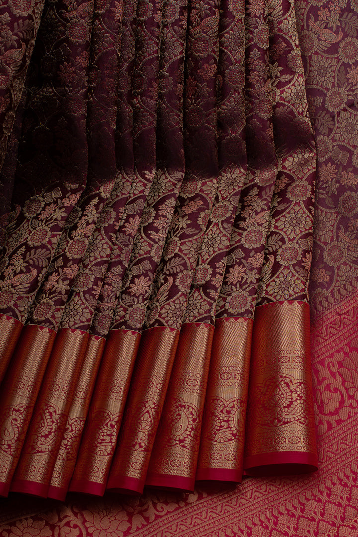 Burgundy floral brocade pure Kanchipuram silk saree