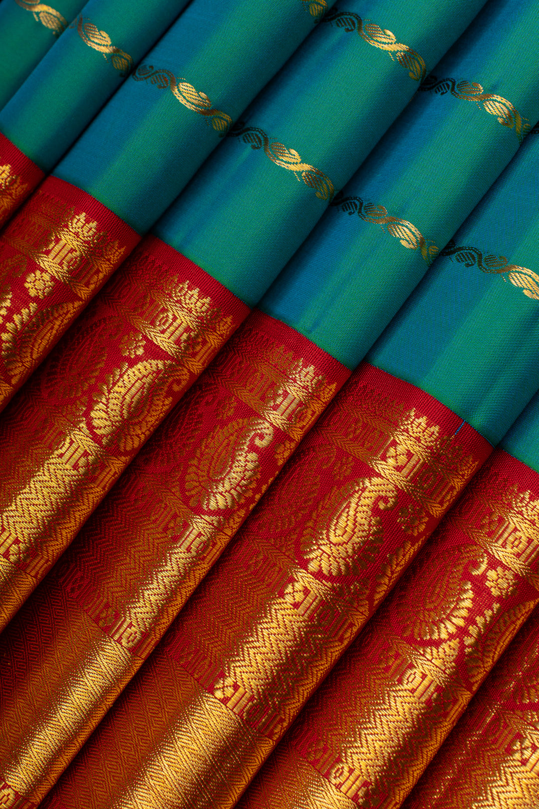 Peacock blue and red stripes pure kanchipuram silk saree