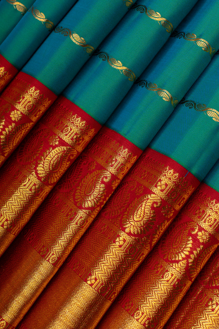 Peacock blue and red stripes pure kanchipuram silk saree