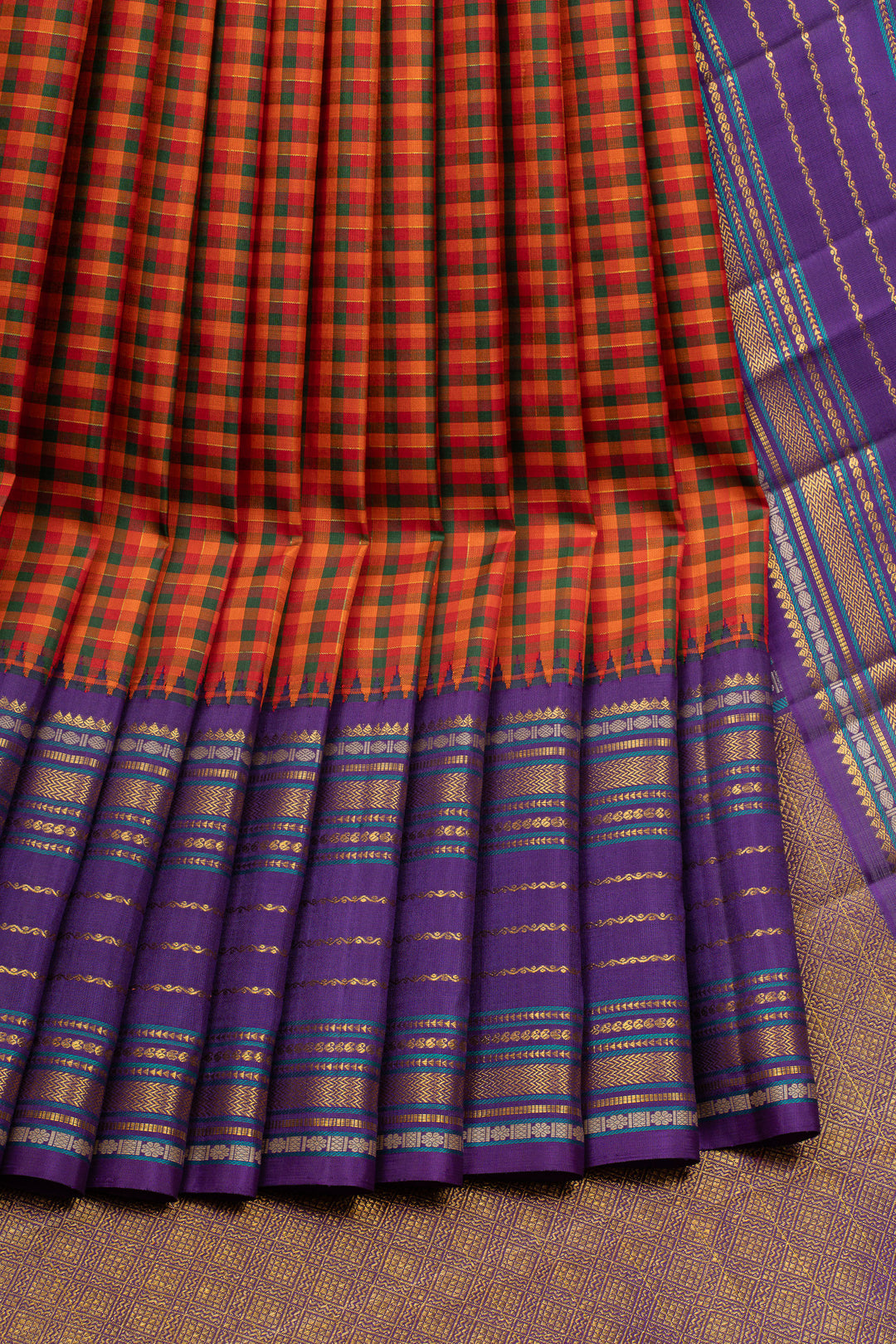 Orange and purple Palum pazhamum varisaipettu pure kanchipuram silk saree