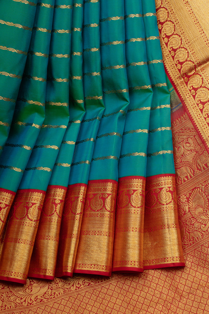 Peacock blue and red stripes pure kanchipuram silk saree