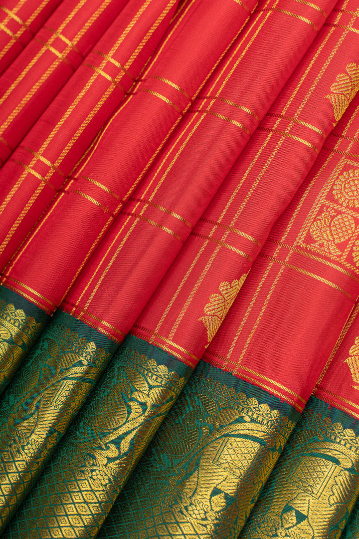 Red and green checks pure kanchipuram silk saree