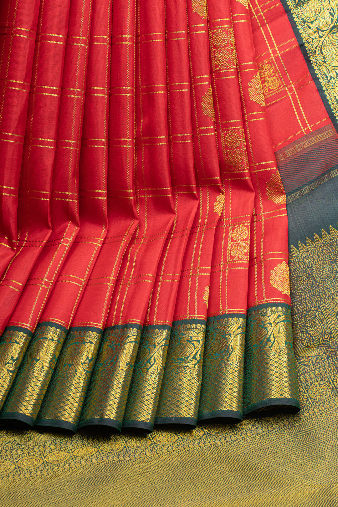 Red and green checks pure kanchipuram silk saree