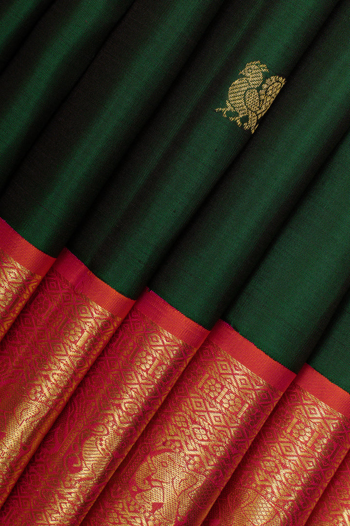 Bottle green and peach orange pure kanchipuram silk saree