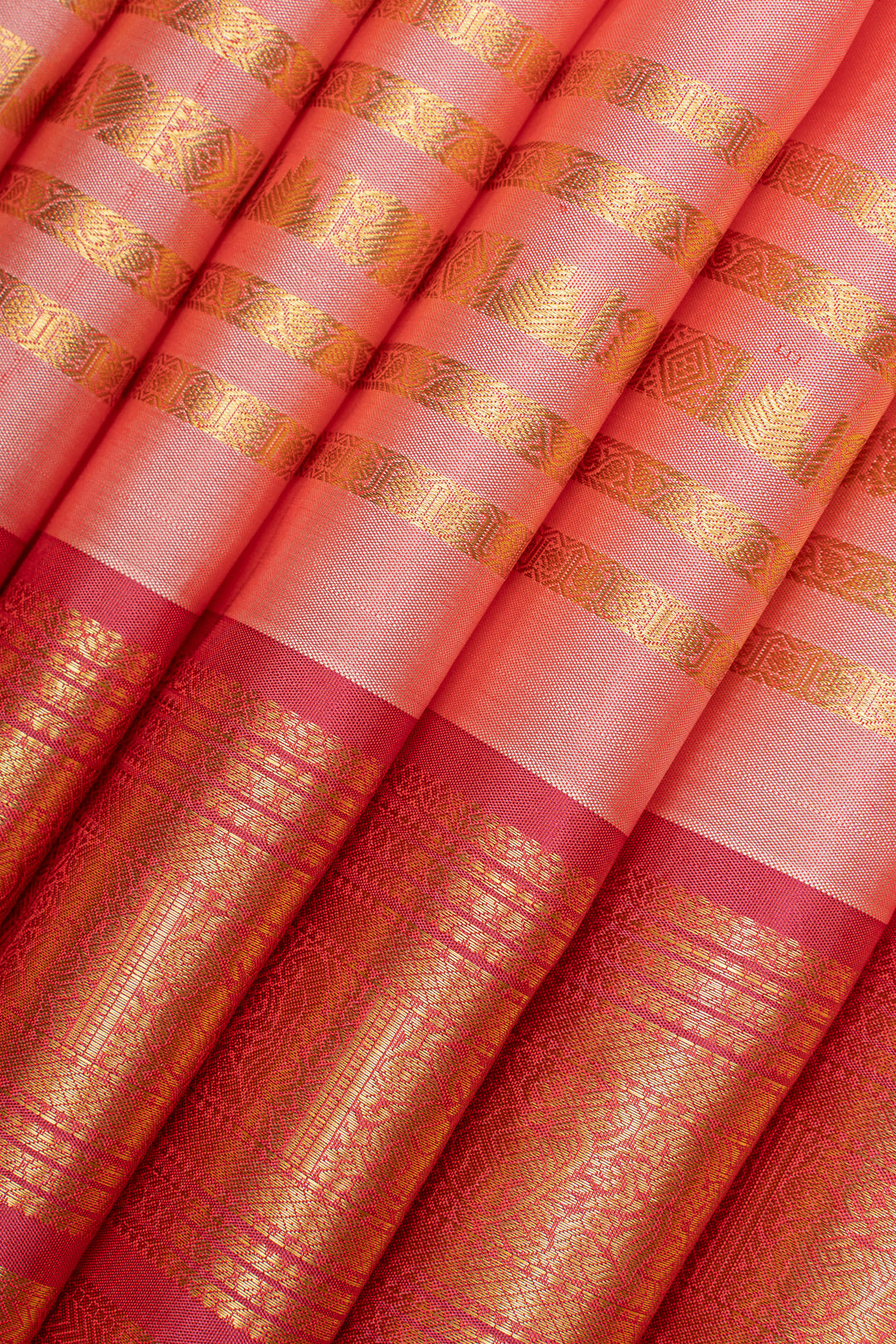 Peach and red stripes pure kanchipuram silk saree
