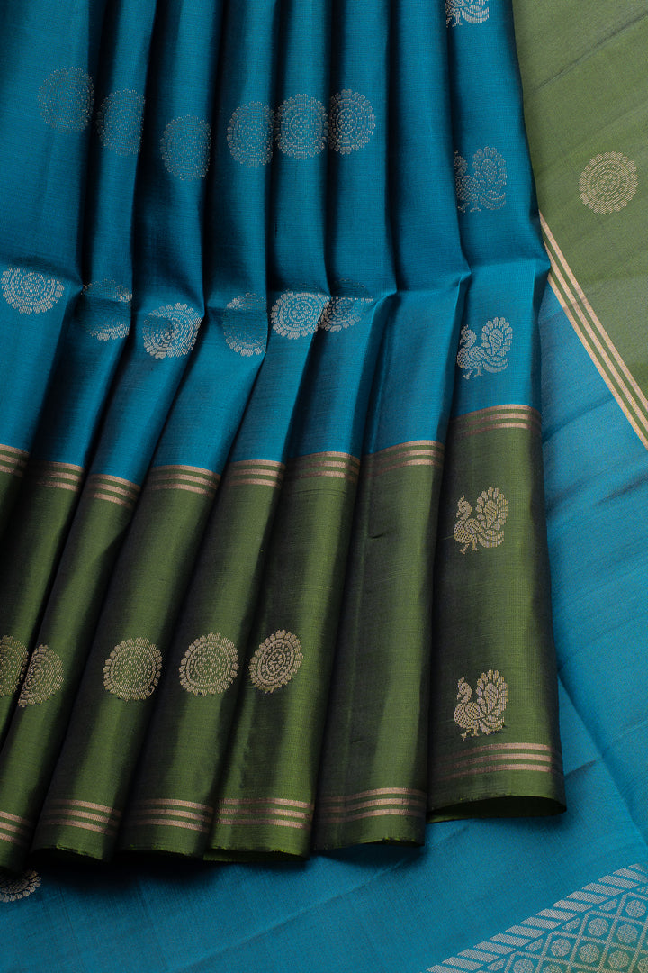 Peacock blue and green pure soft silk saree