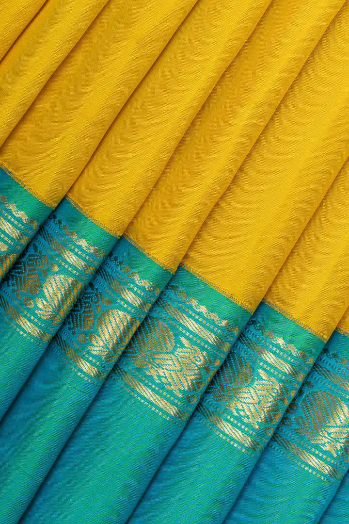Yellow and teal  traditional pure kanchipuram silk saree
