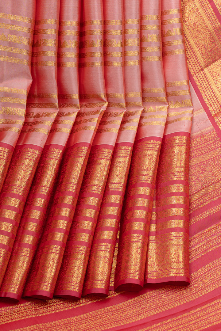 Peach and red stripes pure kanchipuram silk saree