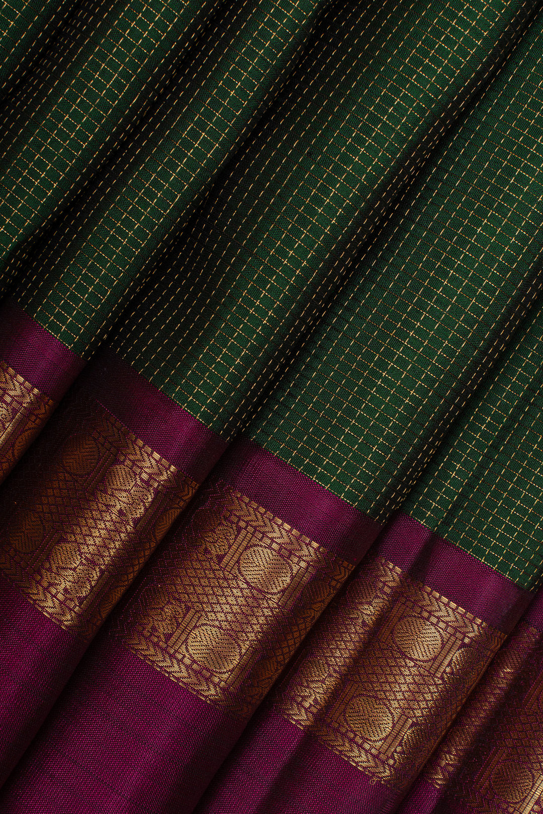 Bottle green zari checks pure kanchipuram silk saree