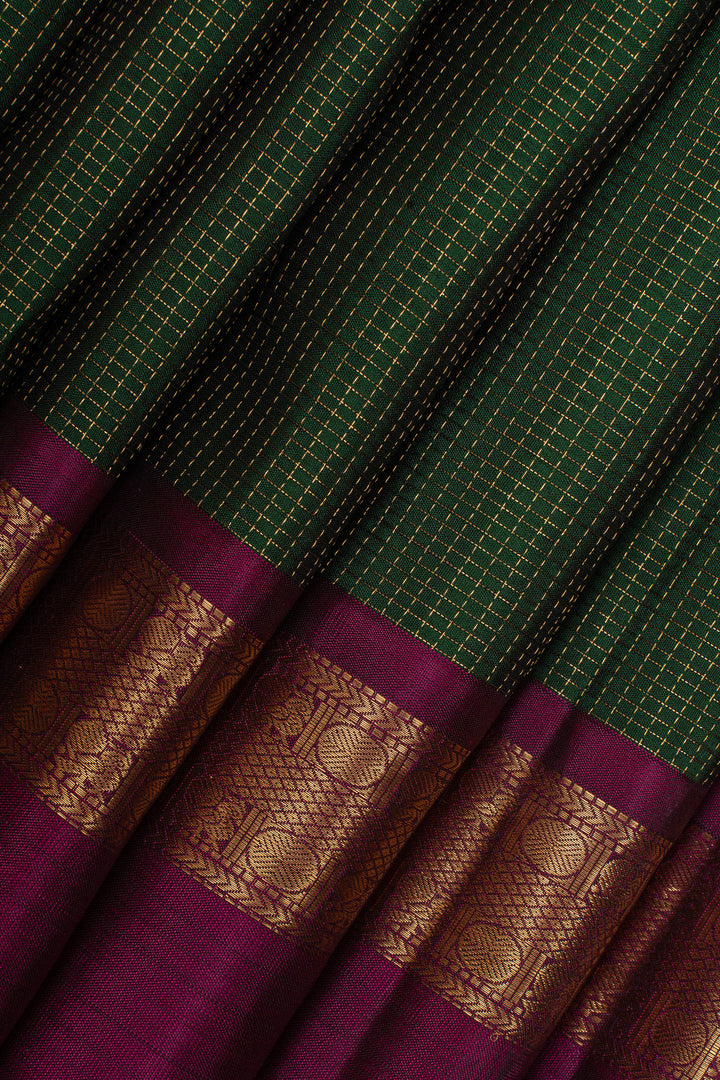 Bottle green zari checks pure kanchipuram silk saree