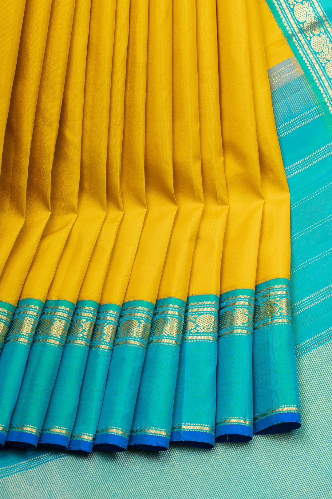 Yellow and teal  traditional pure kanchipuram silk saree