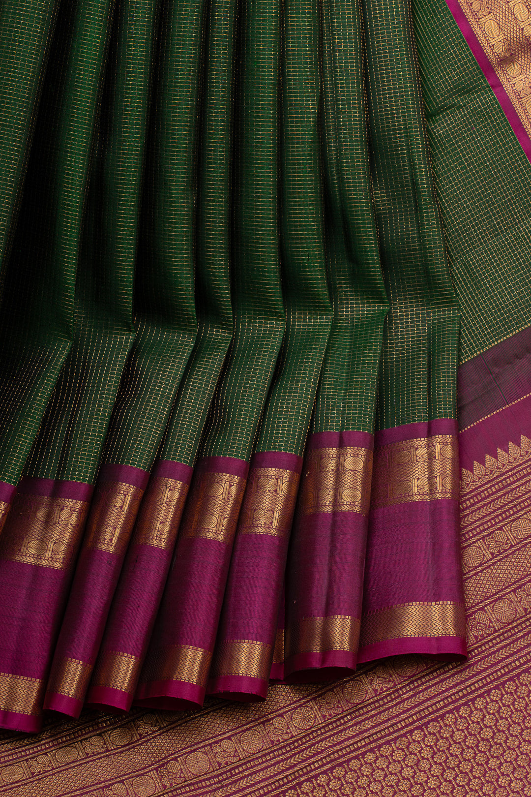 Bottle green zari checks pure kanchipuram silk saree
