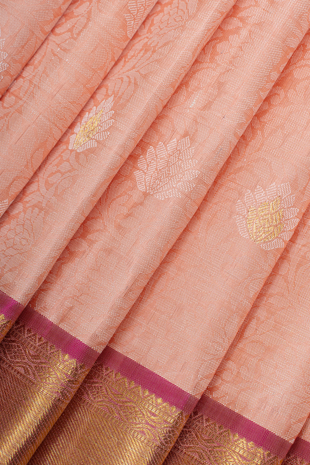 Peach floral thread brocade pure kanchipuram silk saree