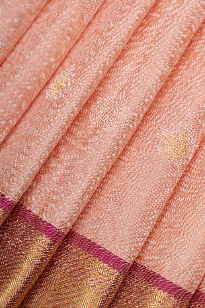 Peach floral thread brocade pure kanchipuram silk saree