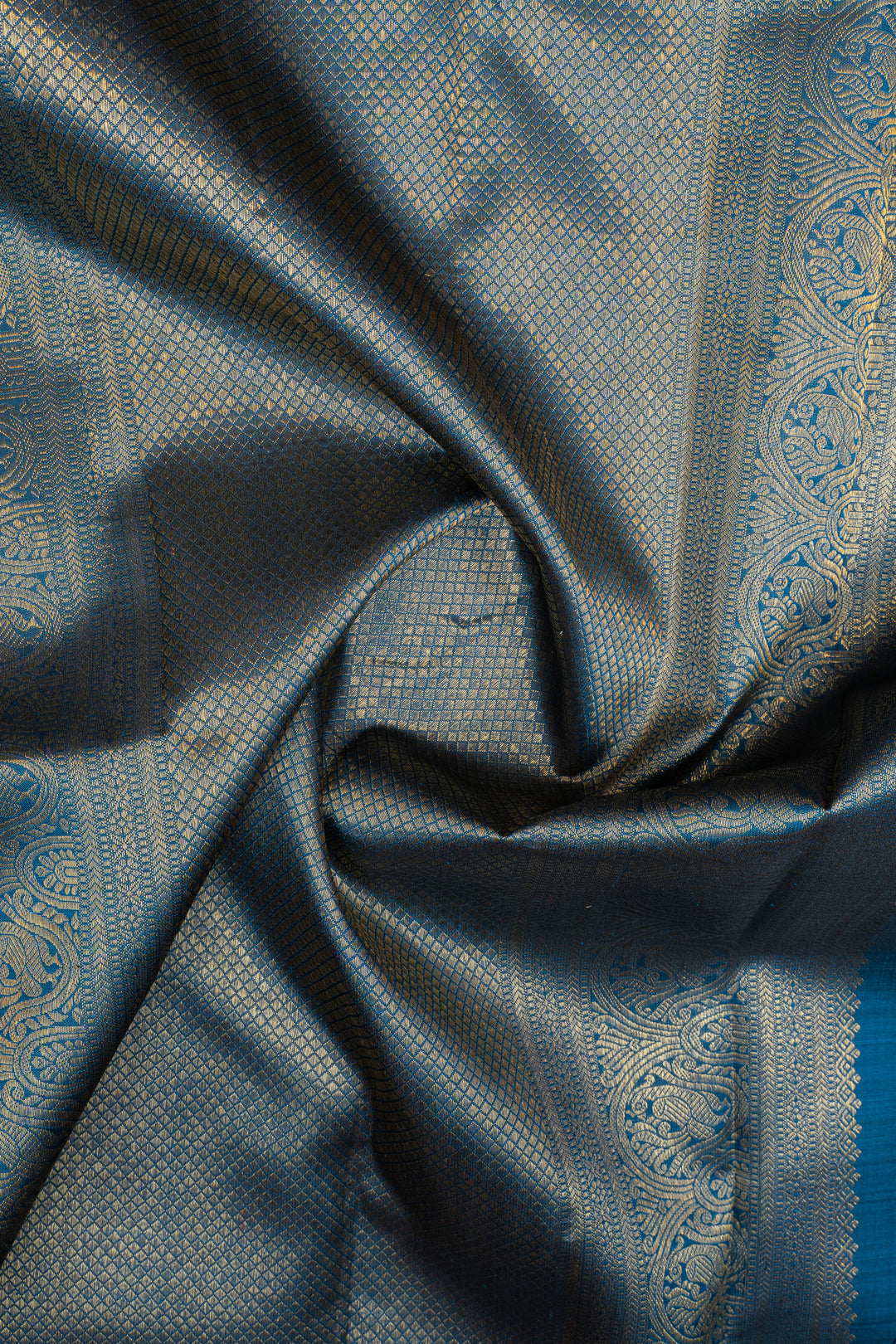 Greyish silver and peacock blue  pure kanchipuram silk saree