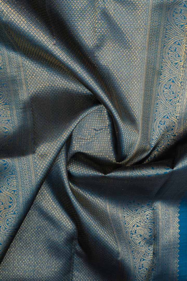Greyish silver and peacock blue  pure kanchipuram silk saree