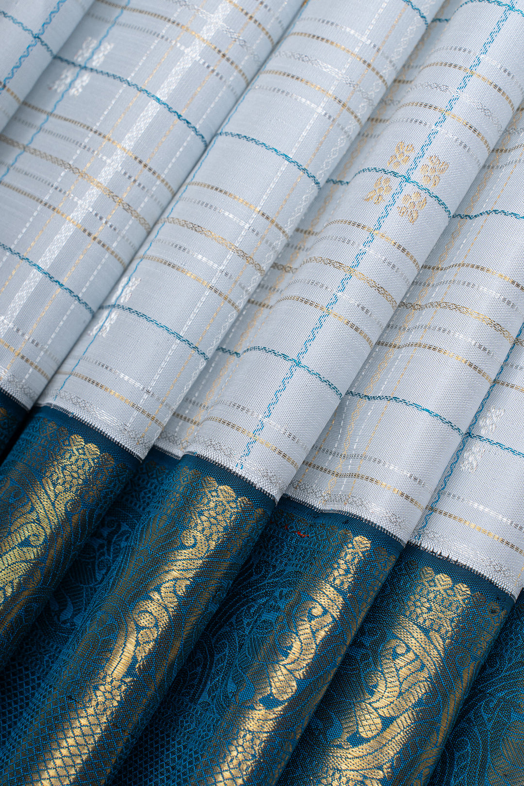 Greyish silver and peacock blue  pure kanchipuram silk saree