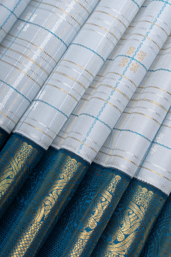 Greyish silver and peacock blue  pure kanchipuram silk saree