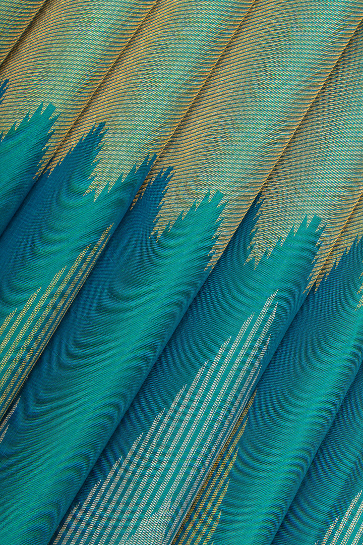 Peacock blue temple brocade pure kanchipuram silk saree