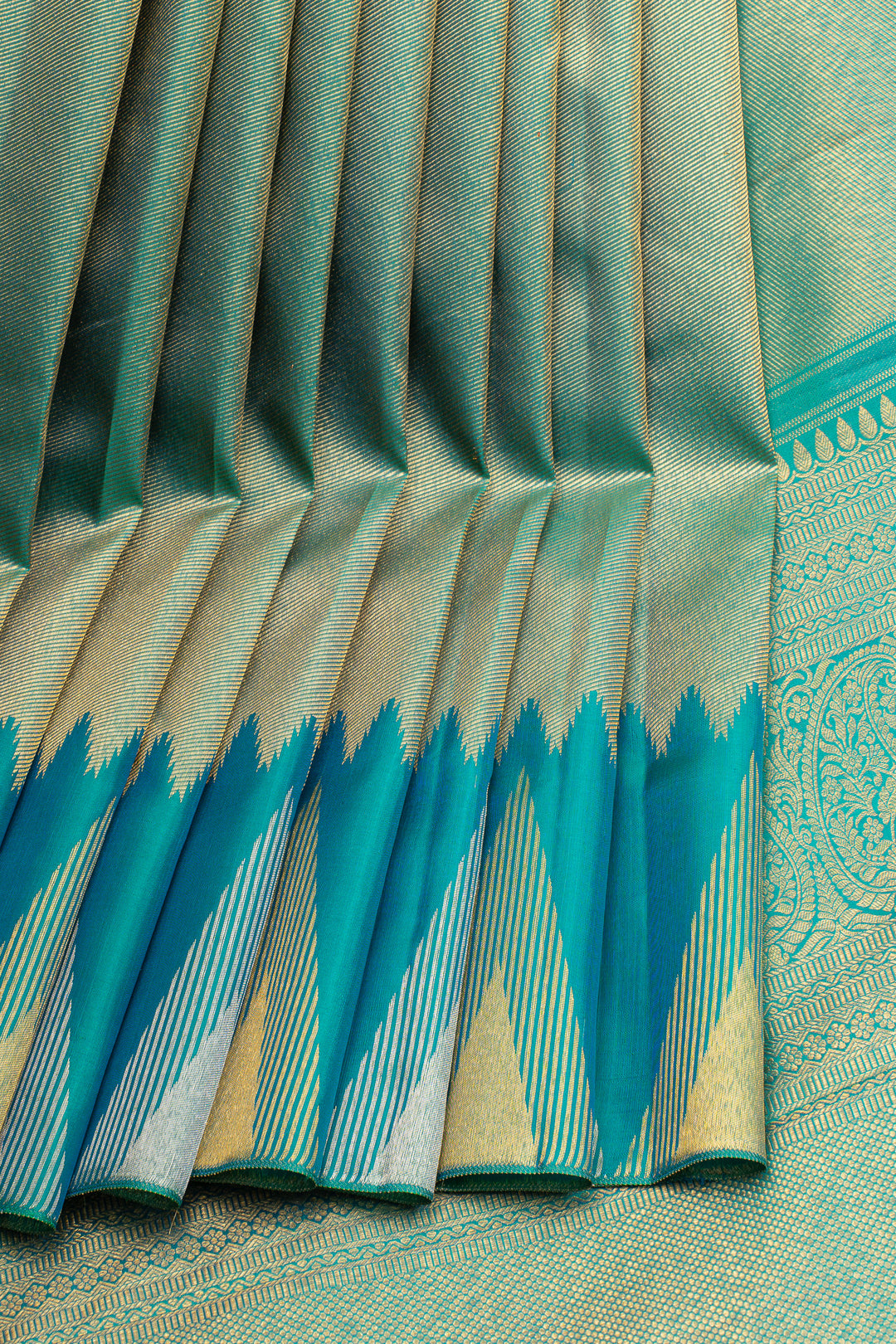 Peacock blue temple brocade pure kanchipuram silk saree