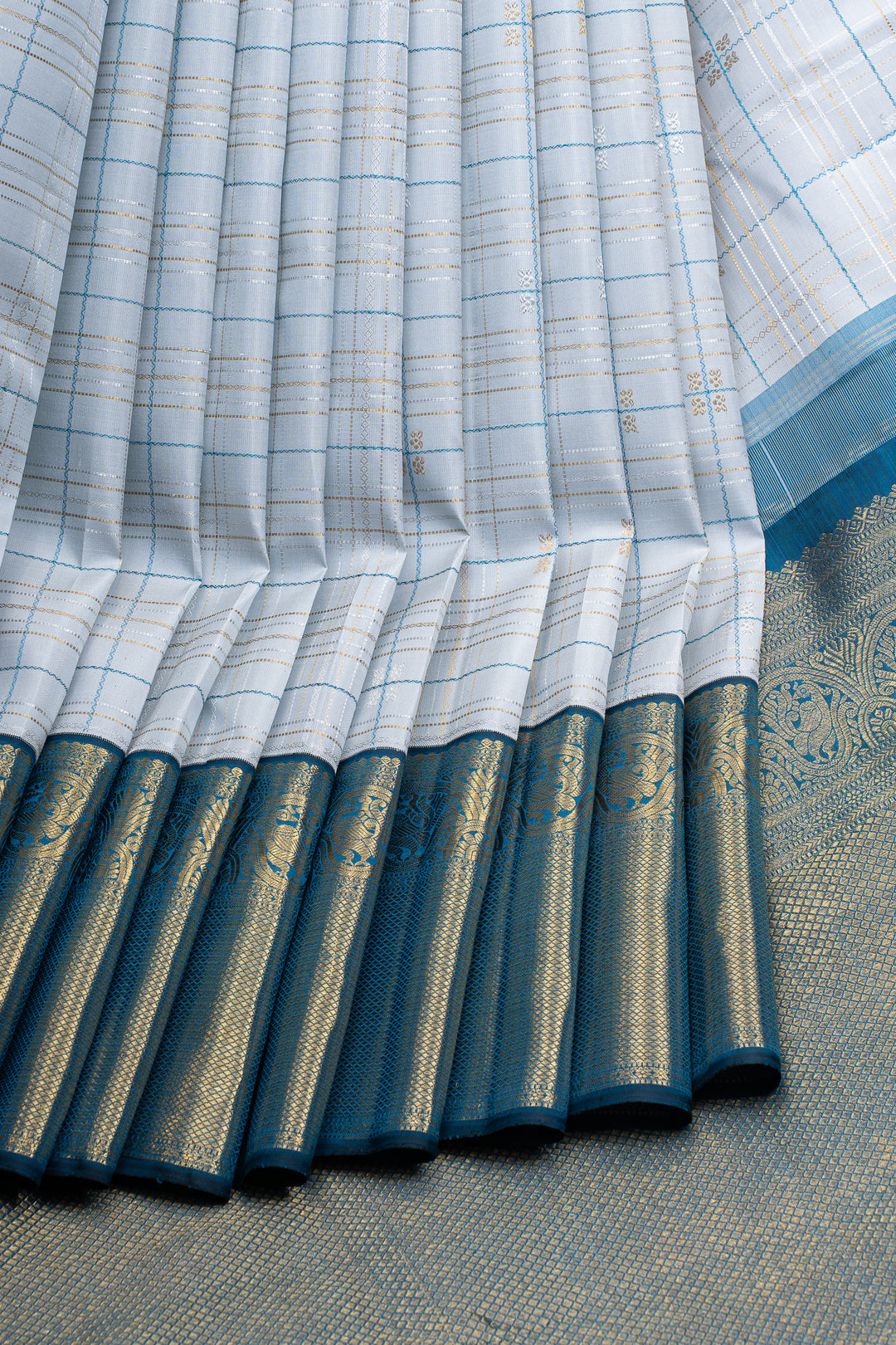 Greyish silver and peacock blue  pure kanchipuram silk saree