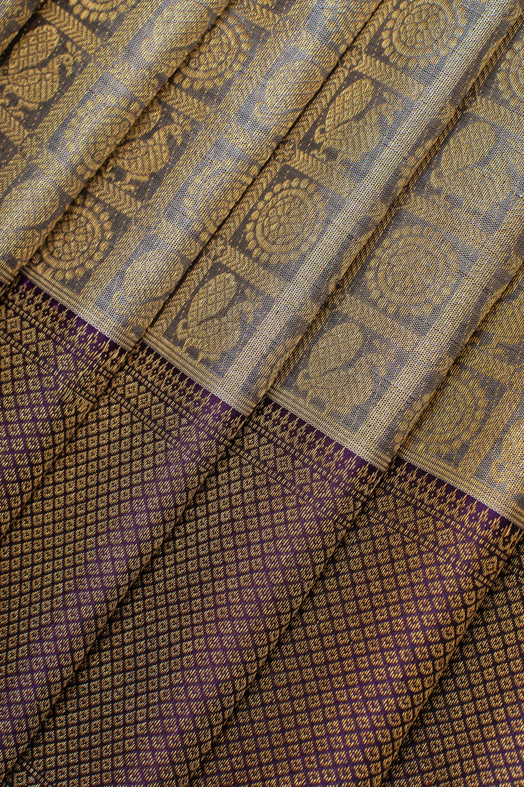 Greyish silver and purple annam chakram brocade pure kanchipuram silk saree