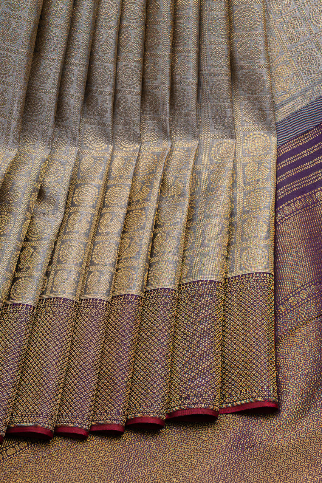 Greyish silver and purple annam chakram brocade pure kanchipuram silk saree