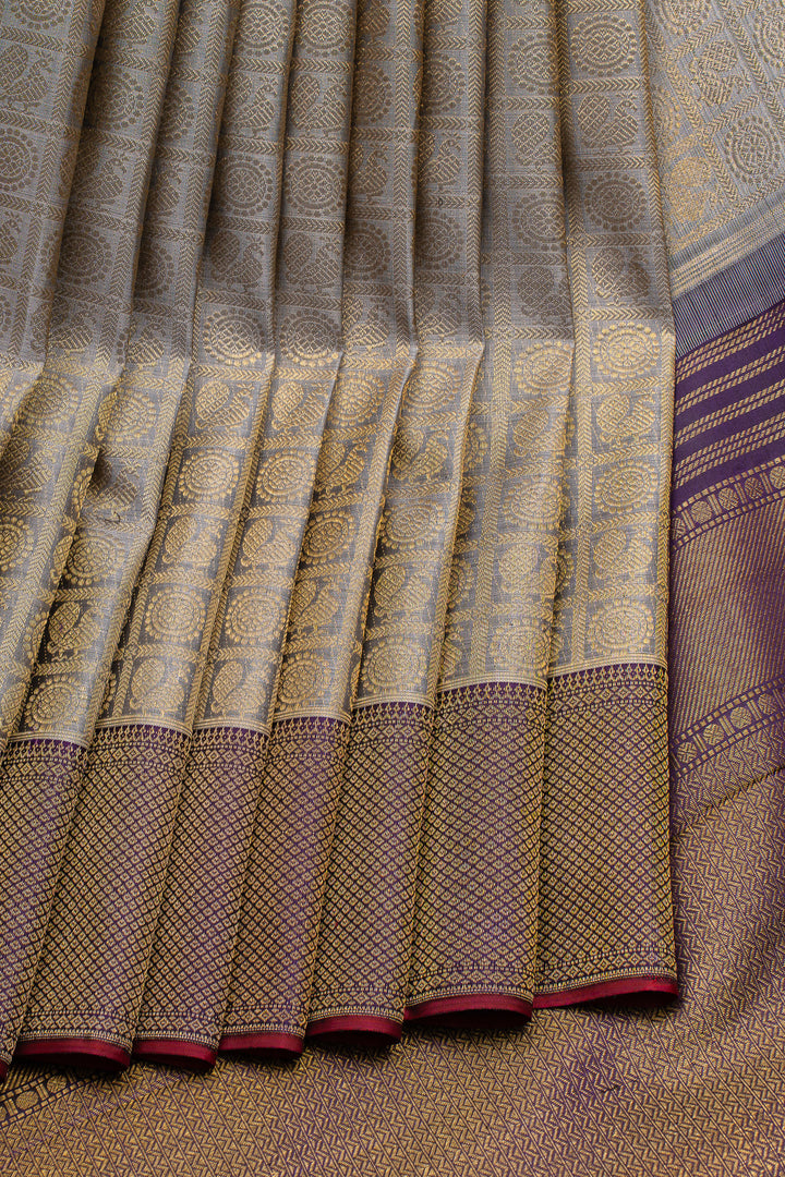 Greyish silver and purple annam chakram brocade pure kanchipuram silk saree