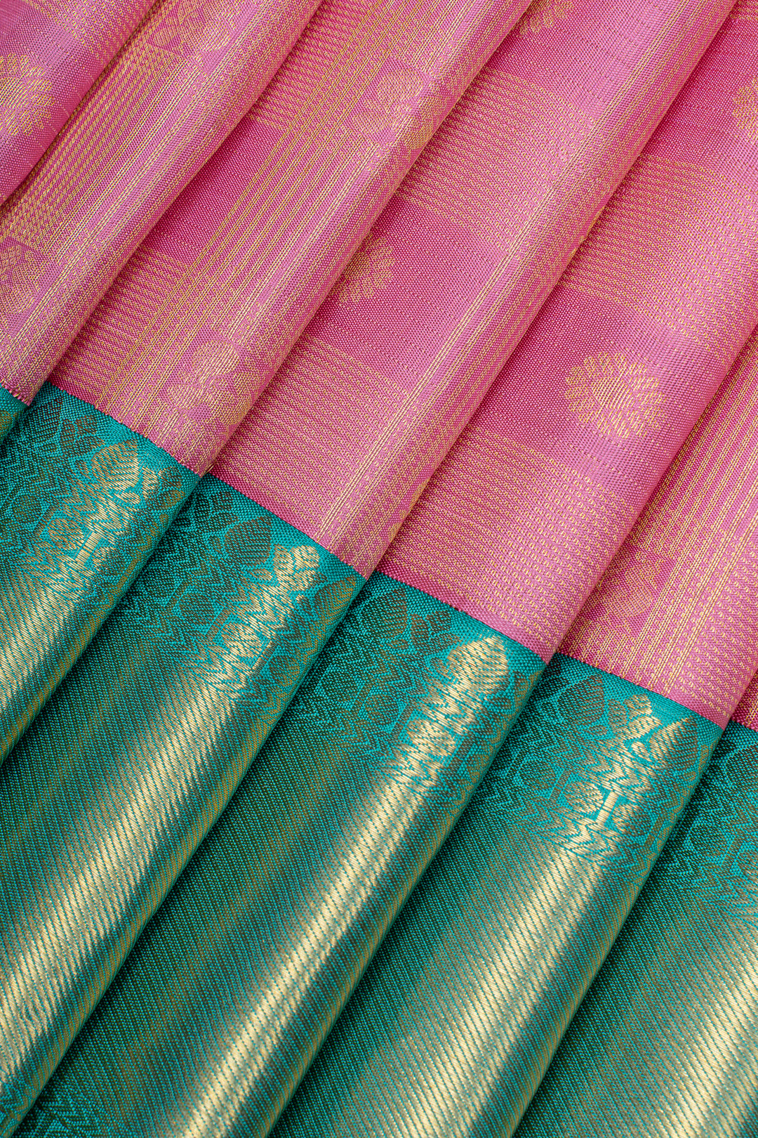Baby pink and cyan pure kanchipuram silk saree