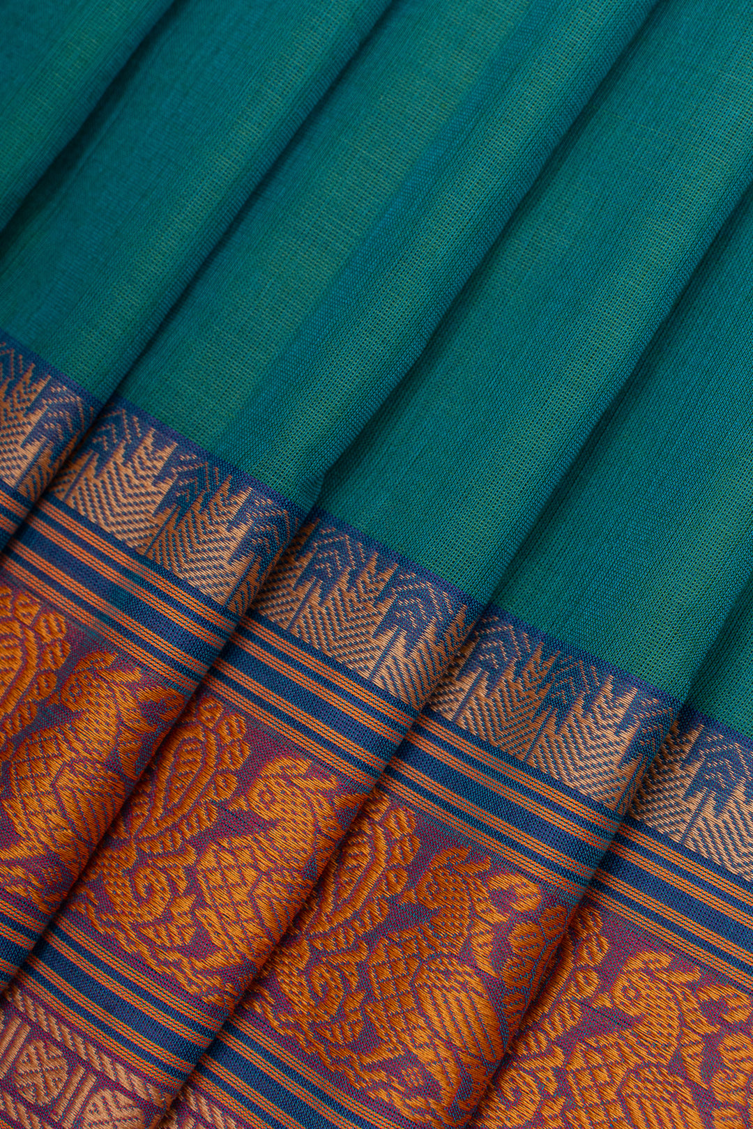 Bluish green thread work pure cotton silk saree