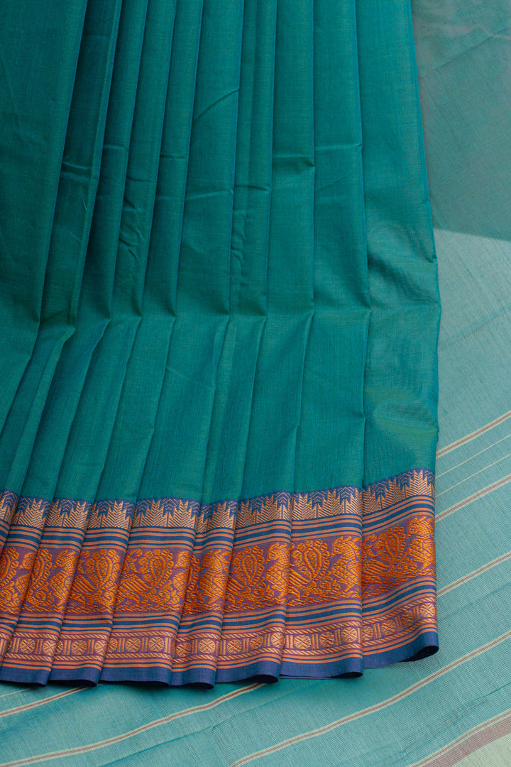 Bluish green thread work pure cotton silk saree