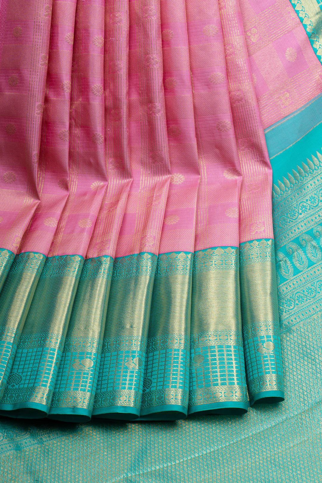 Baby pink and cyan pure kanchipuram silk saree