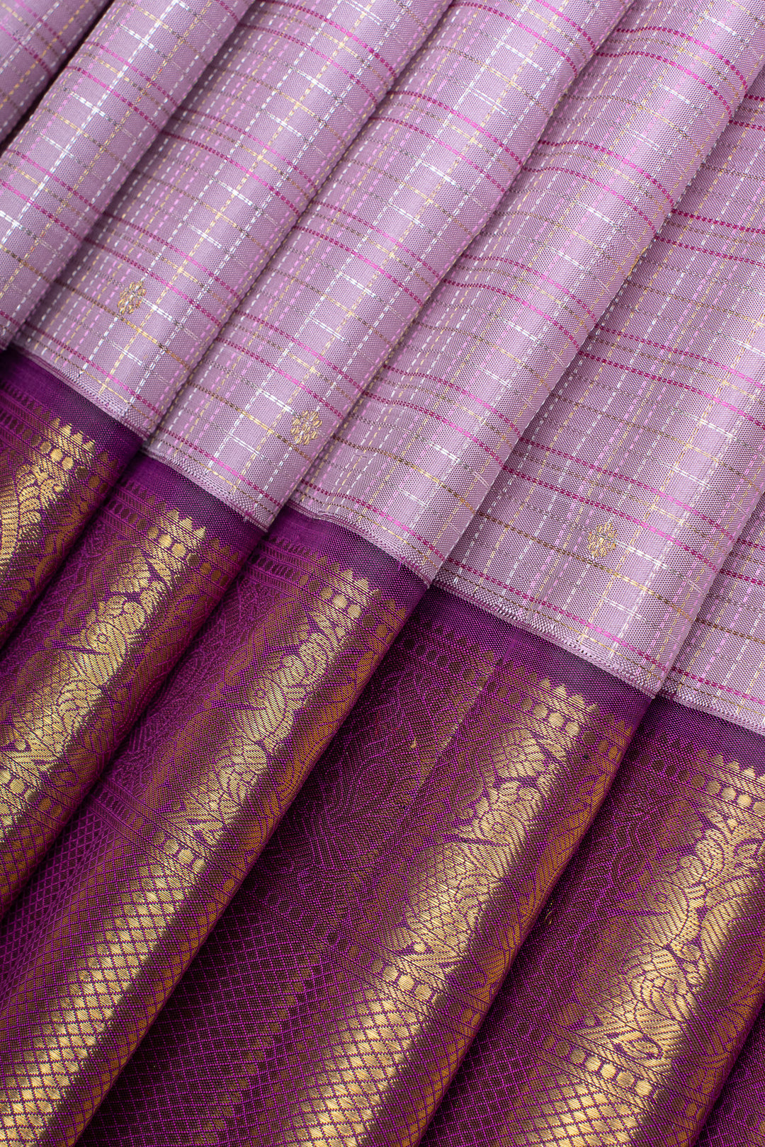 Lavender and jamun zari checks pure kanchipuram silk saree