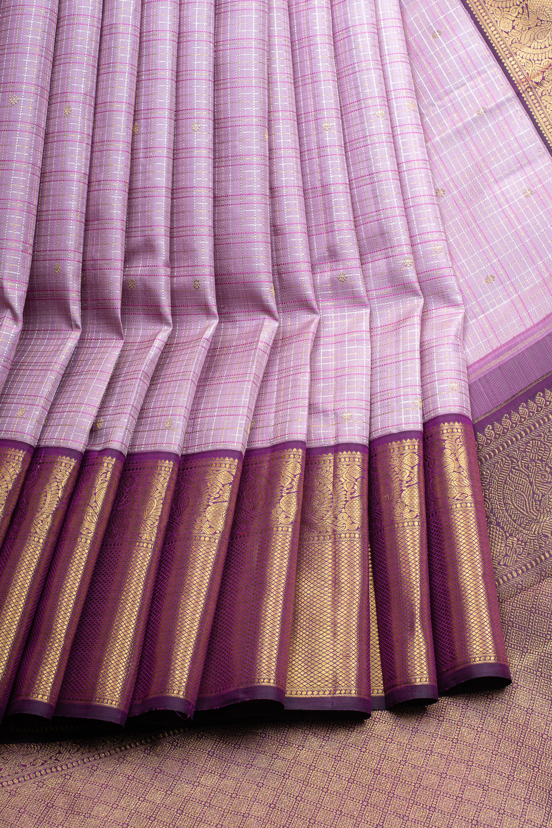 Lavender and jamun zari checks pure kanchipuram silk saree