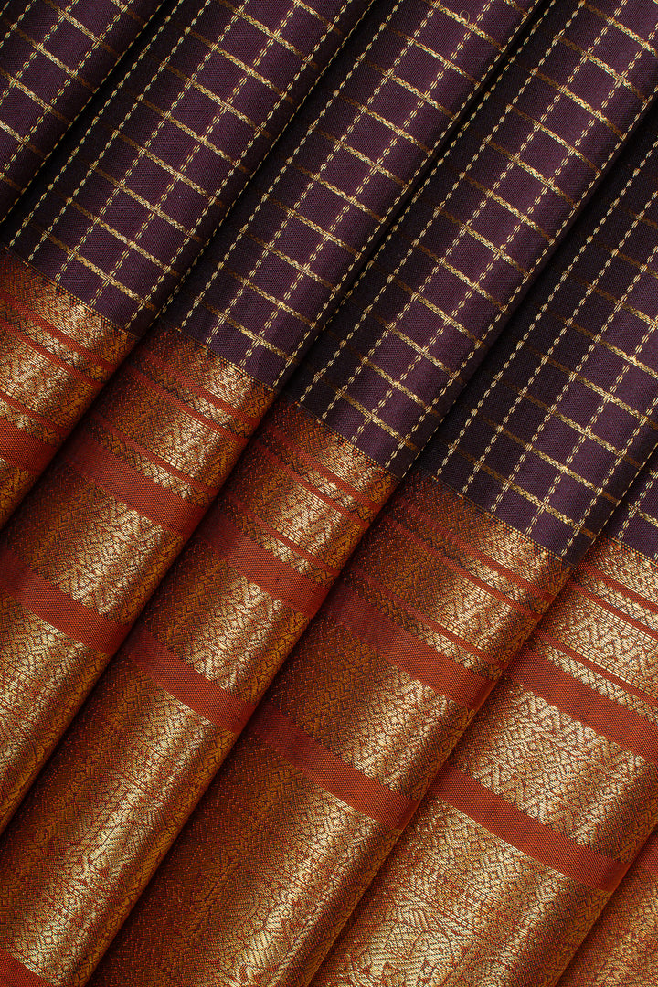Jamun and rust orange Zari checks varisaipettu pure Kanchipuram silk saree