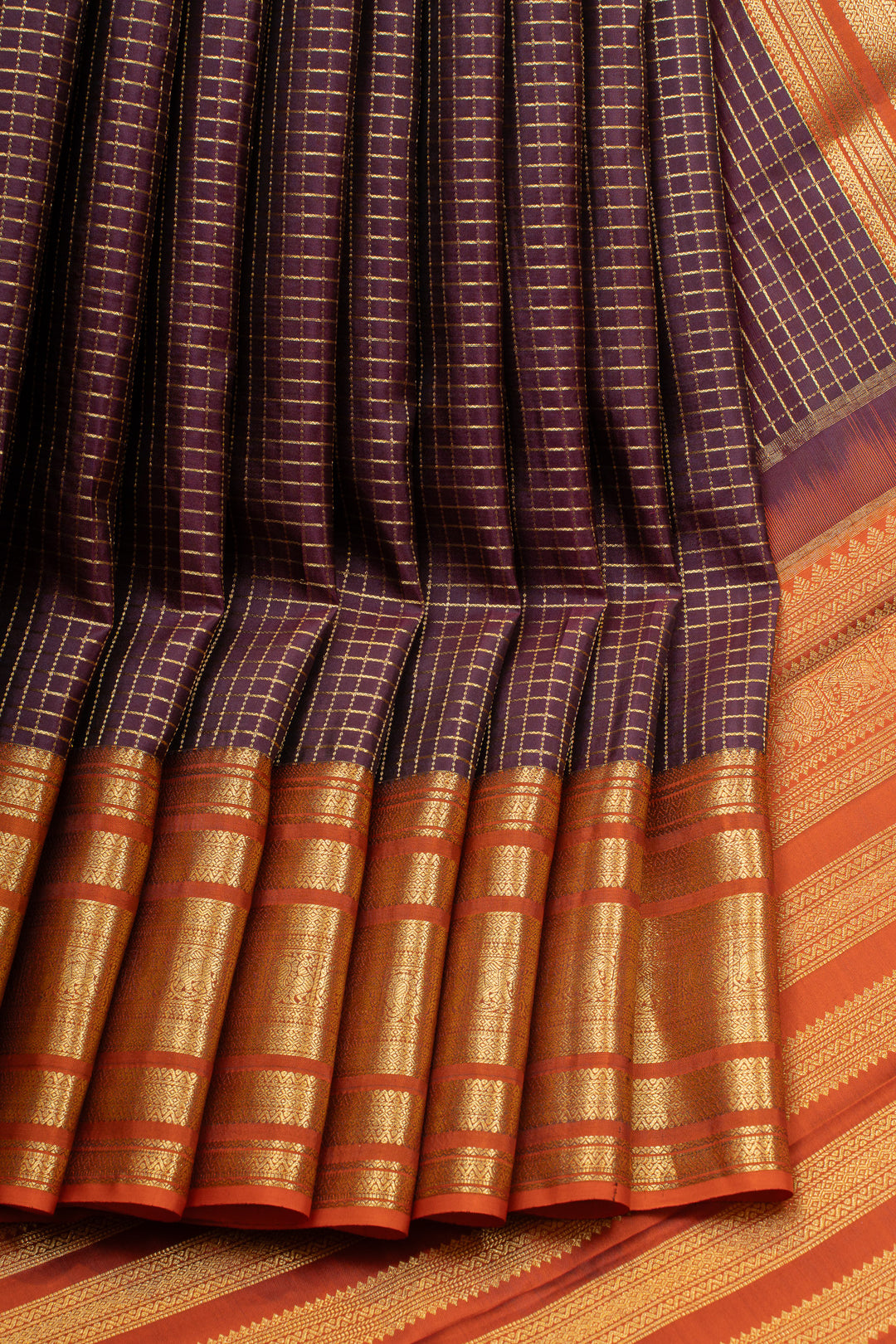 Jamun and rust orange Zari checks varisaipettu pure Kanchipuram silk saree