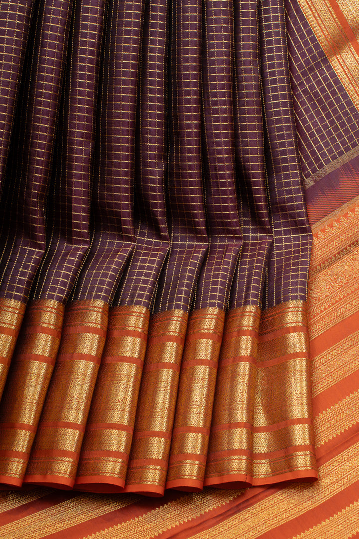 Jamun and rust orange Zari checks varisaipettu pure Kanchipuram silk saree