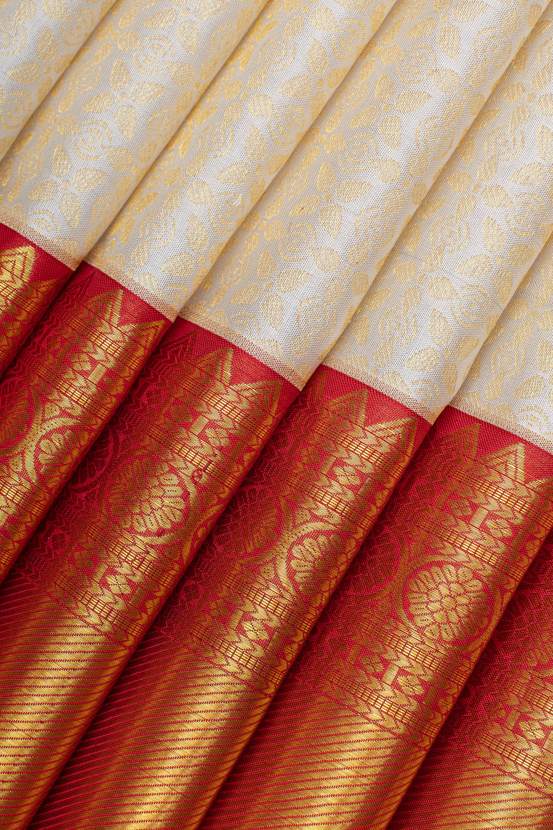 Ivory and red brocade pure kanchipuram silk saree