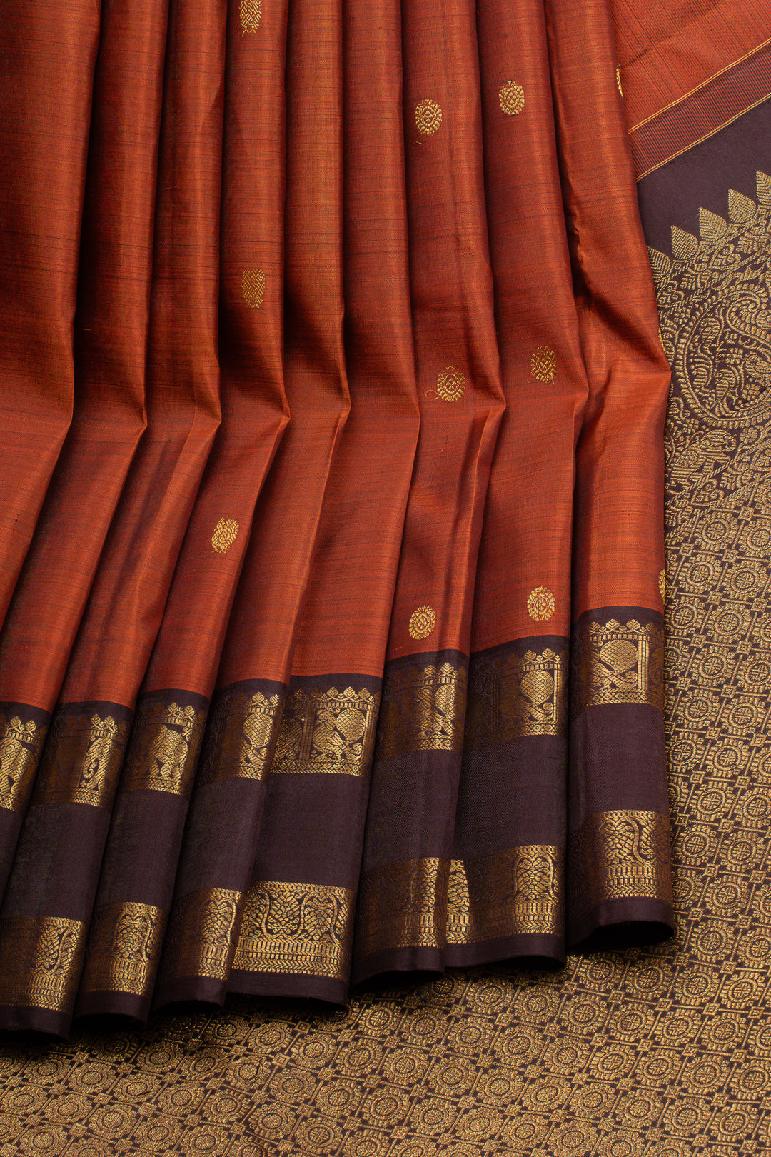 Rust orange and brown  traditional pure kanchipuram silk saree