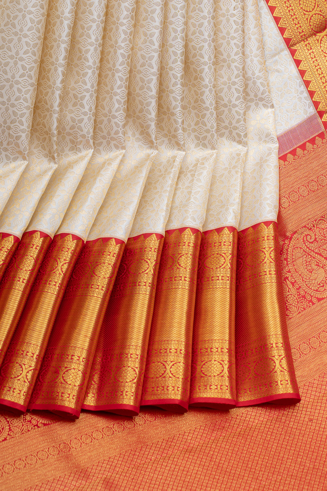 Ivory and red brocade pure kanchipuram silk saree
