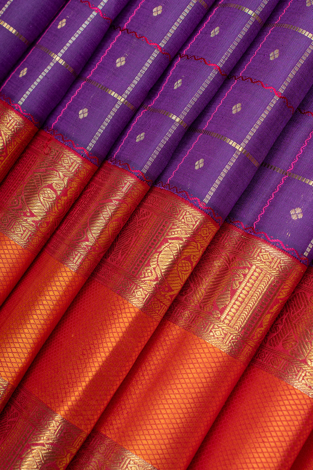 Purple and orange checks pure kanchipuram silk saree
