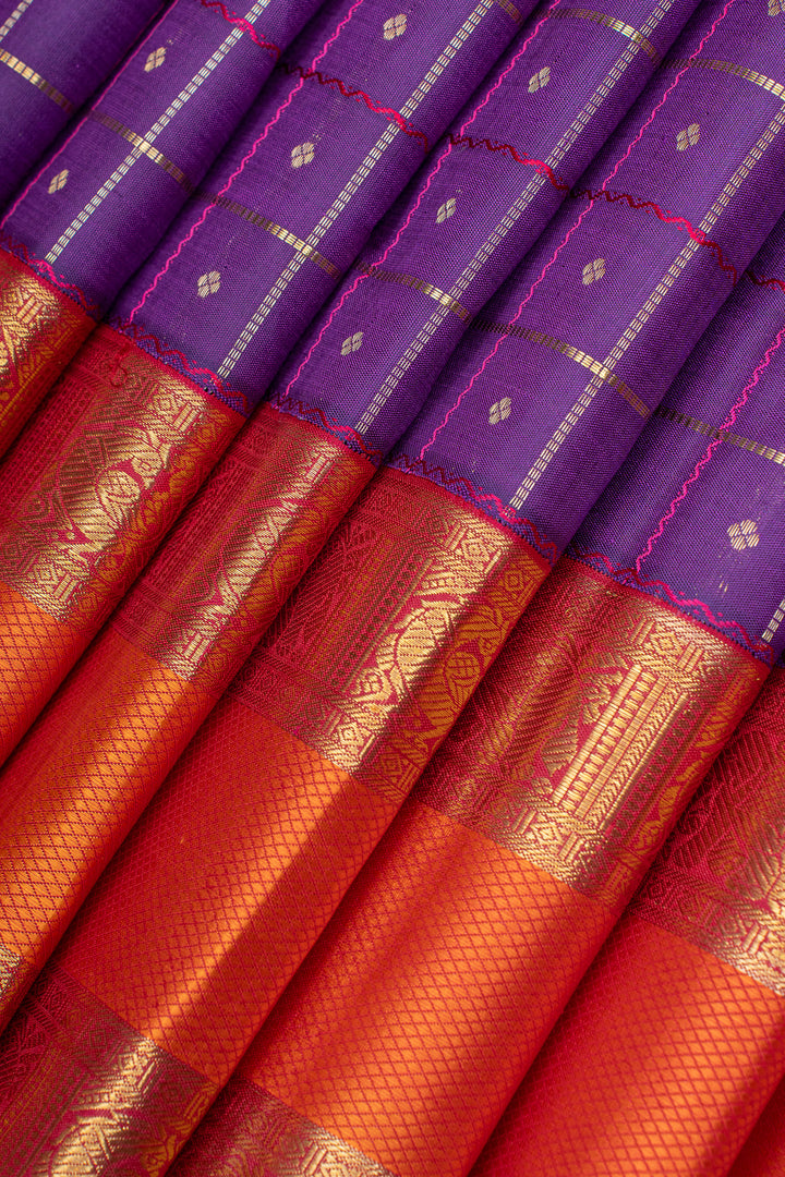Purple and orange checks pure kanchipuram silk saree