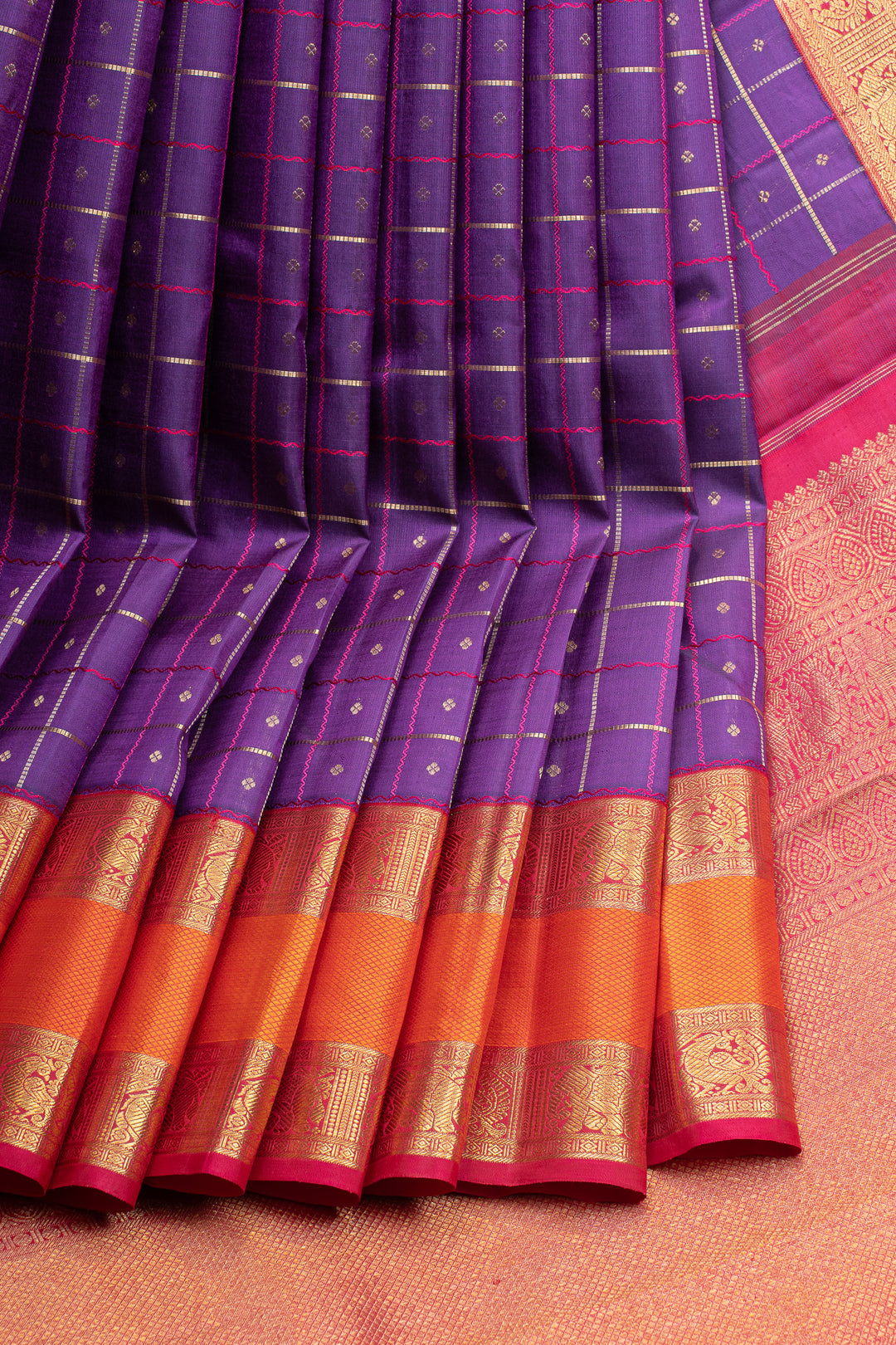Purple and orange checks pure kanchipuram silk saree