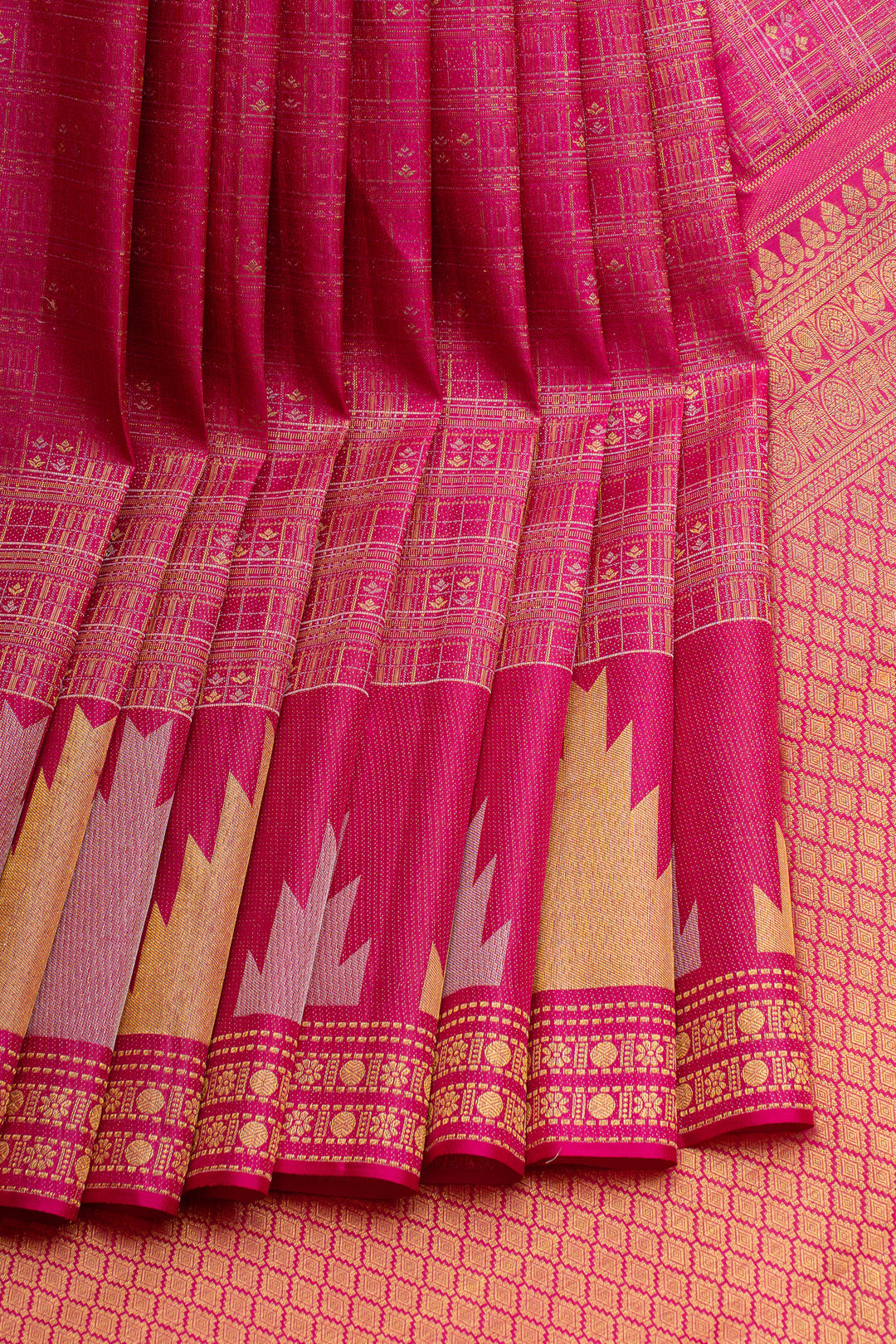 Magenta pink Zari checks temple brocade pure kanchipuram silk saree