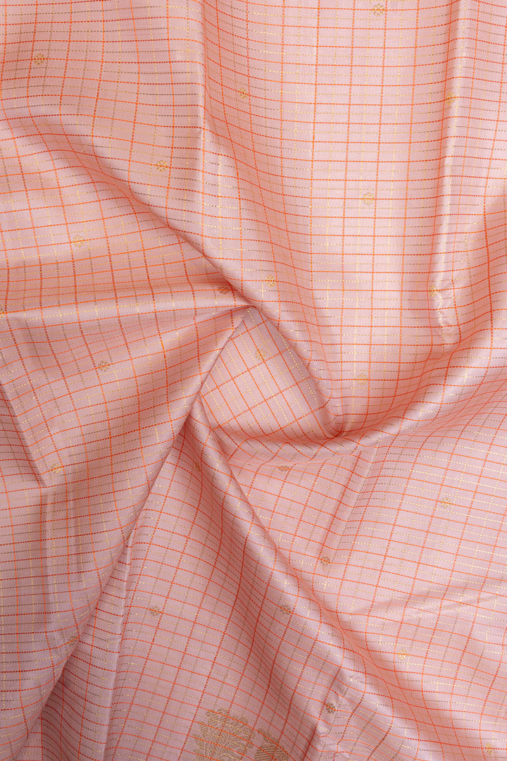 Peach and purple checks pure kanchipuram silk saree