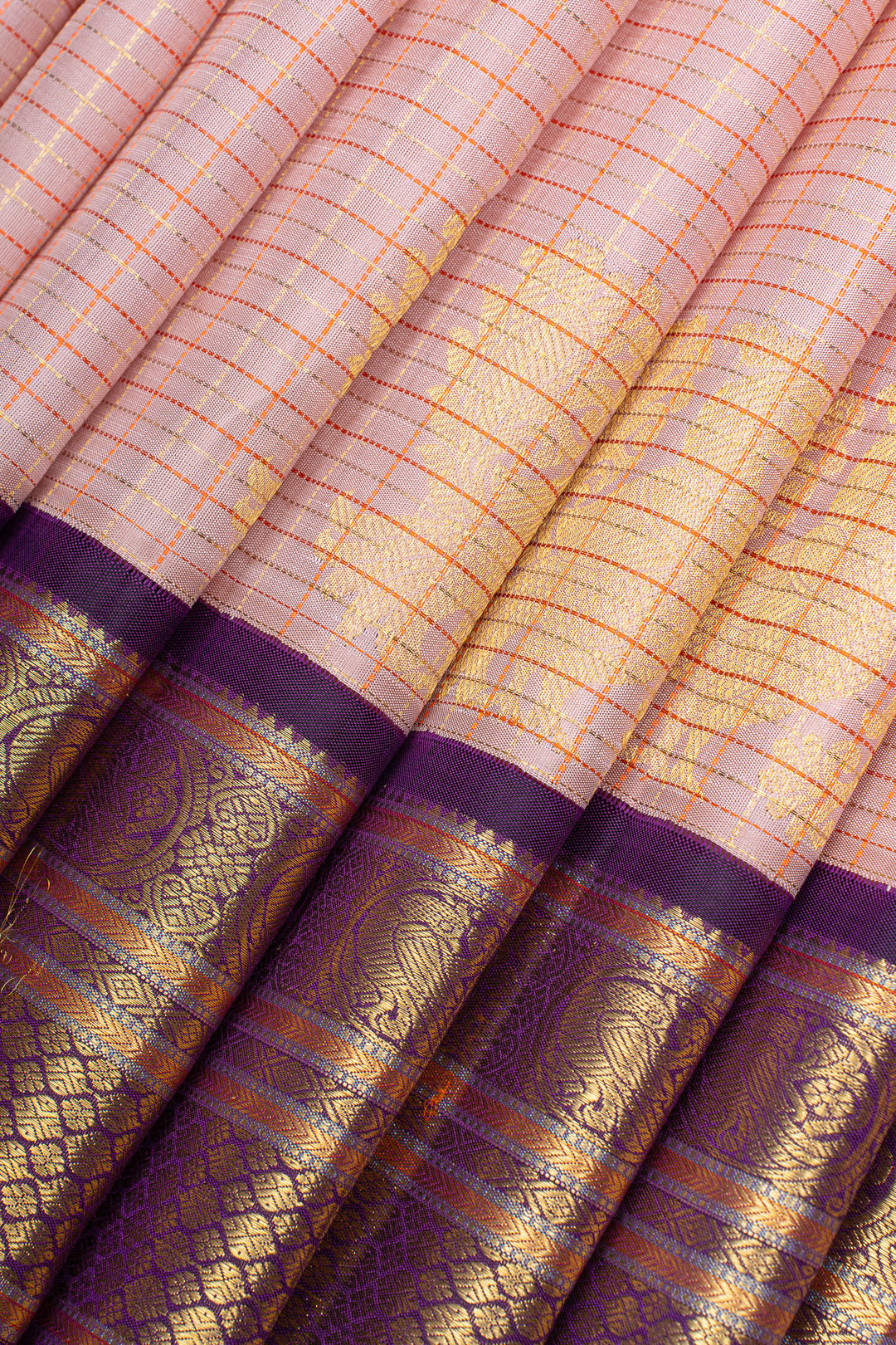 Peach and purple checks pure kanchipuram silk saree