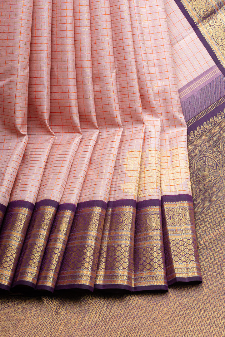 Peach and purple checks pure kanchipuram silk saree